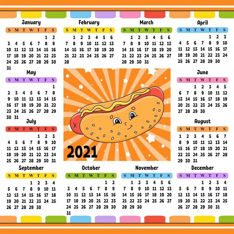 Kalender für 2021 mit einem süßen Charakter. Spaß und helles Design. isolierte Farbvektorillustration. Cartoon-Stil. vektor