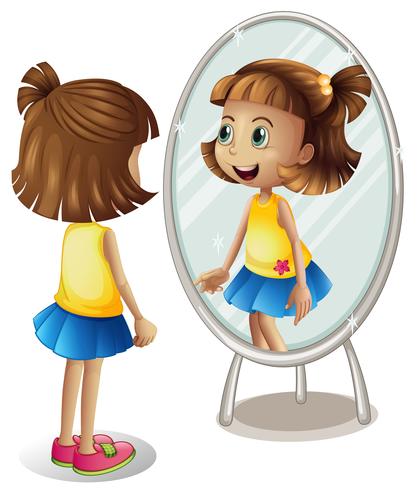 Liten tjej tittar på sig själv i spegeln vektor
