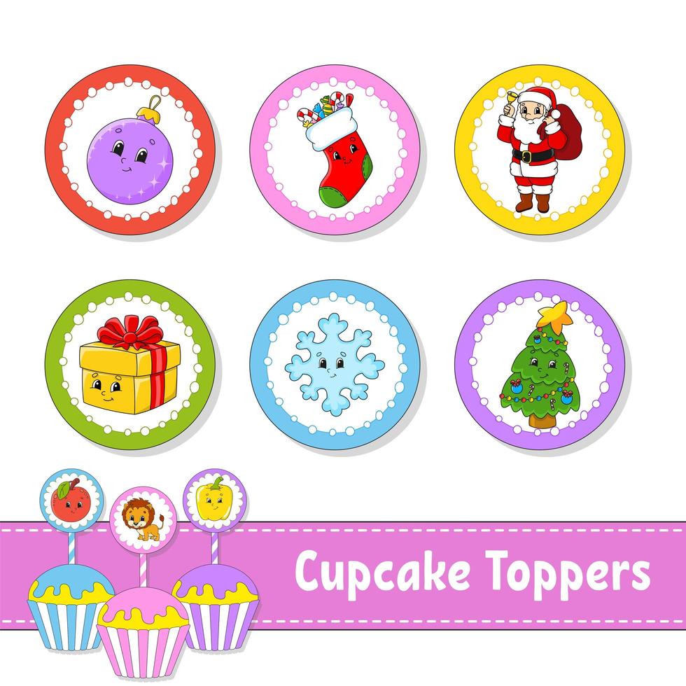 Cupcake-Topper. Satz von sechs runden Bildern. Weihnachtsthema. Zeichentrickfiguren. süßes Bild. für Geburtstag, Party, Babyparty. vektor