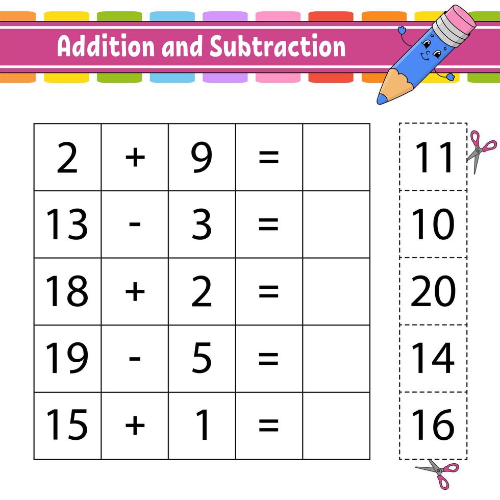 Addition und Subtraktion. Aufgabe für Kinder. Ausschneiden und Einfügen. Arbeitsblatt zur Bildungsentwicklung. Aktivitätsseite. Spiel für Kinder. lustiger Charakter. isolierte Vektor-Illustration. Cartoon-Stil. vektor