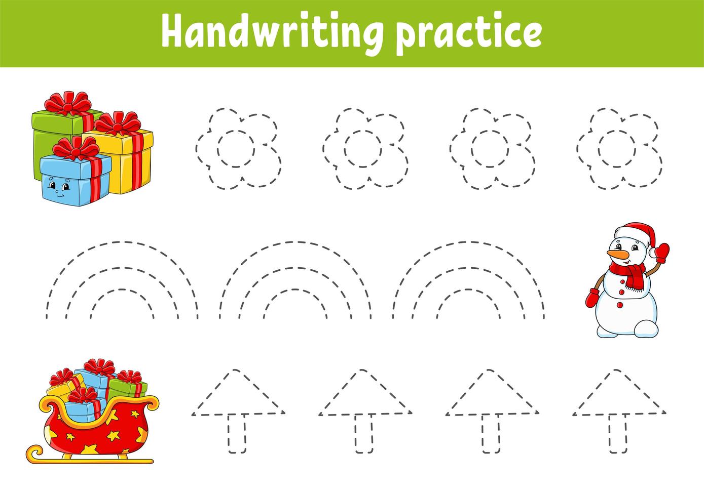 Handschrift-Praktik. Weihnachtsthema. Arbeitsblatt zur Bildungsentwicklung. Aktivitätsseite. Farbspiel für Kinder. isolierte Vektor-Illustration. Zeichentrickfigur. vektor