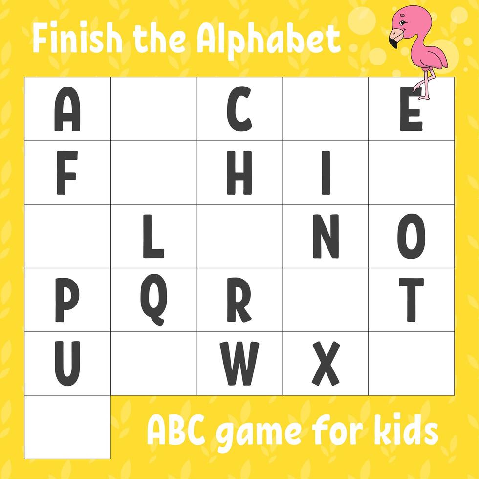 beende das Alphabet. ABC-Spiel für Kinder. Arbeitsblatt zur Bildungsentwicklung. rosa Flamingo. Lernspiel für Kinder. Farbaktivitätsseite. vektor