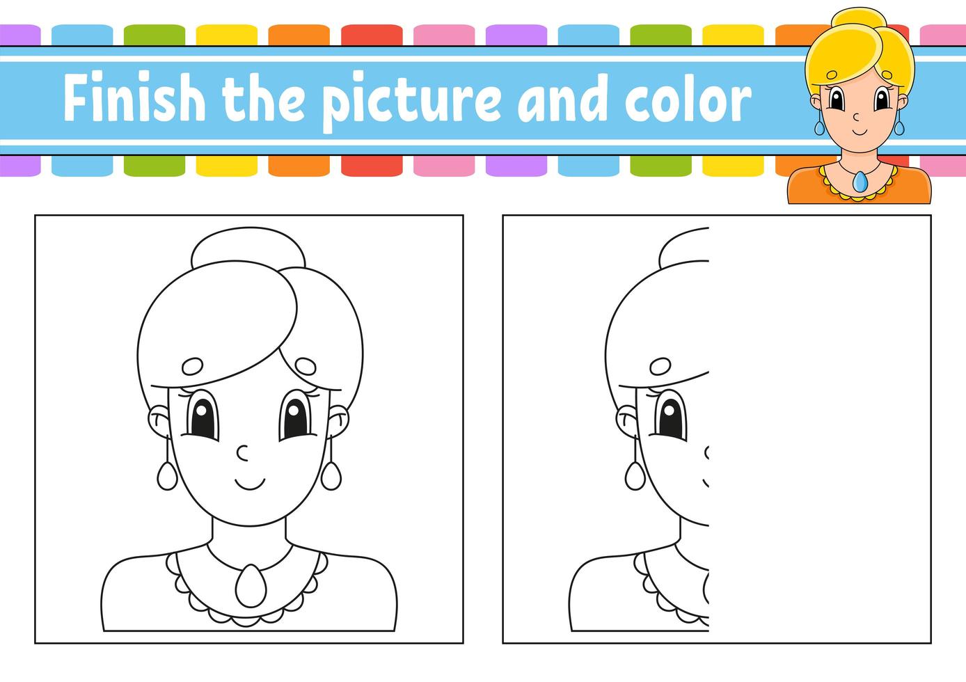 avsluta bilden och färga. vacker söt fashionabla tjej med smycken. seriefigur isolerad på vit bakgrund. för barnens utbildning. aktivitet arbetsblad. vektor