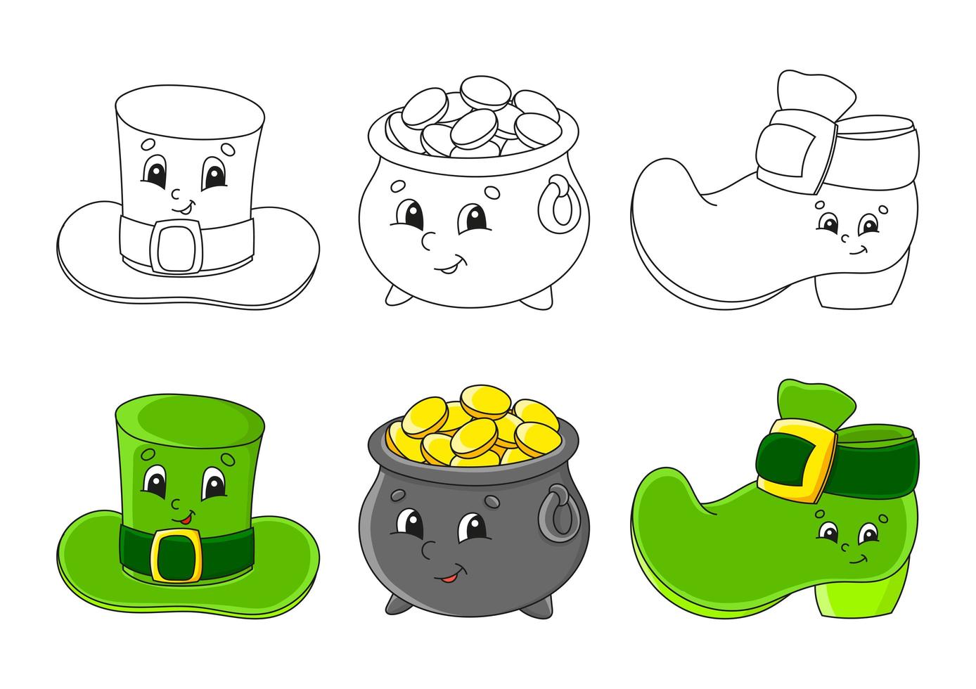 ställ in målarbok för barn. st. Patricks dag. leprechaun hatt. kruka med guld. leprechaun stövel. söta seriefigurer. svart streck. vektor illustration. med prov.