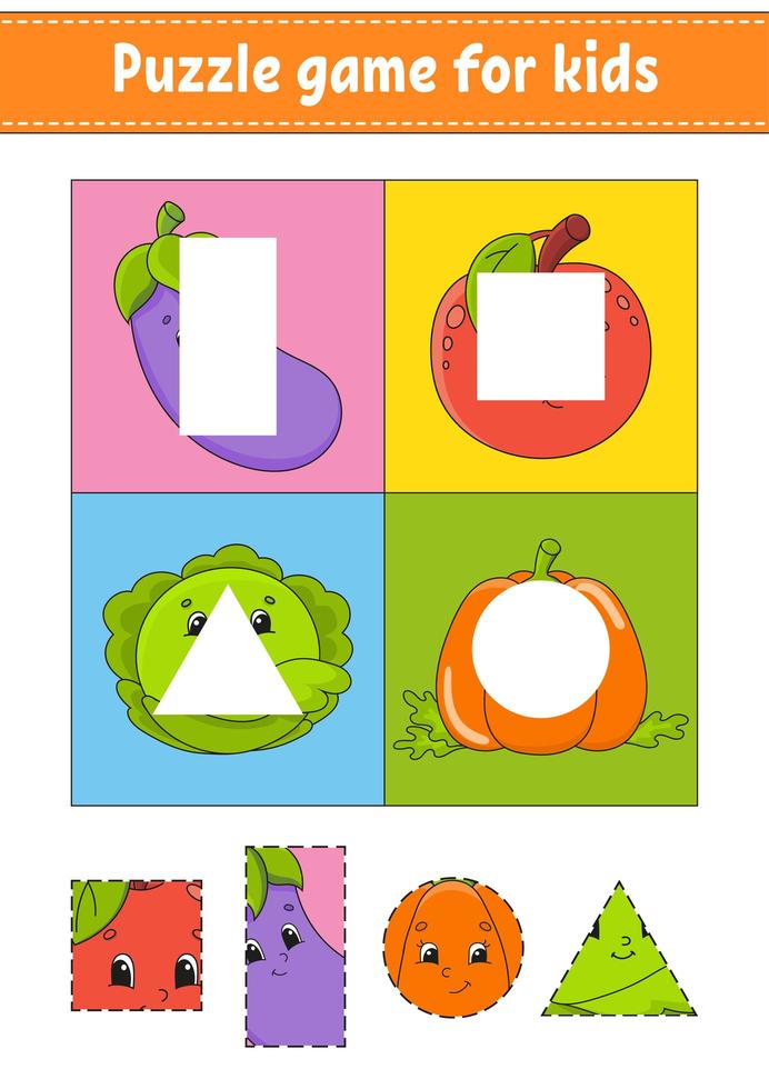 pusselspel för barn. skärningsövningar. frukt och grönsaker. utbildningsutvecklande arbetsblad. aktivitetssida.seriefigur. vektor