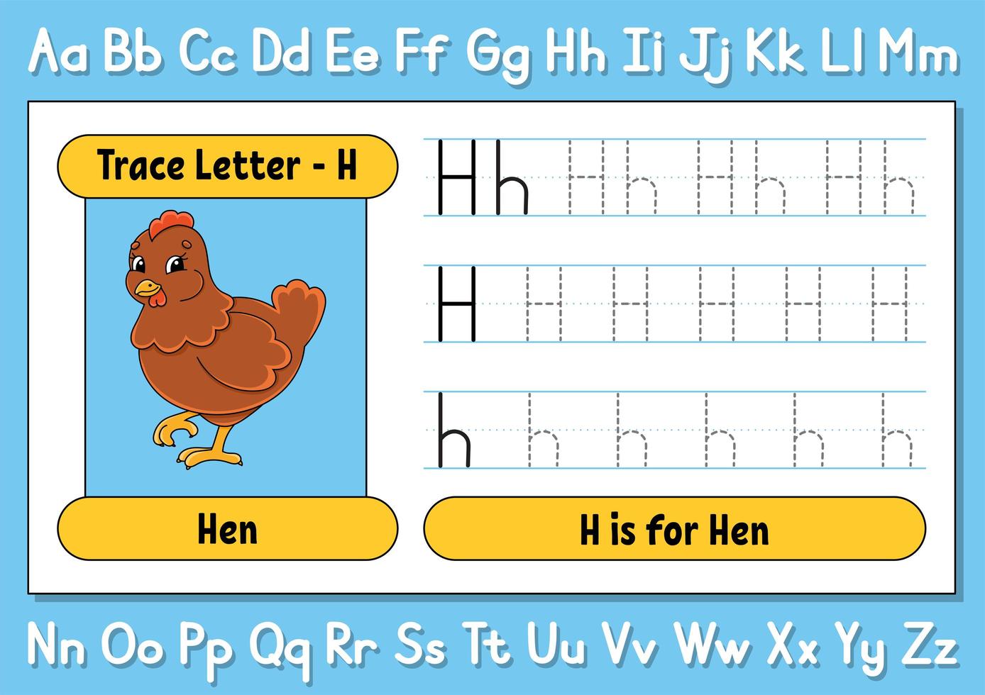 spåra bokstäver. skrivövning. kalkylblad för barn. lära sig alfabetet. söt karaktär. vektor illustration. tecknad stil.