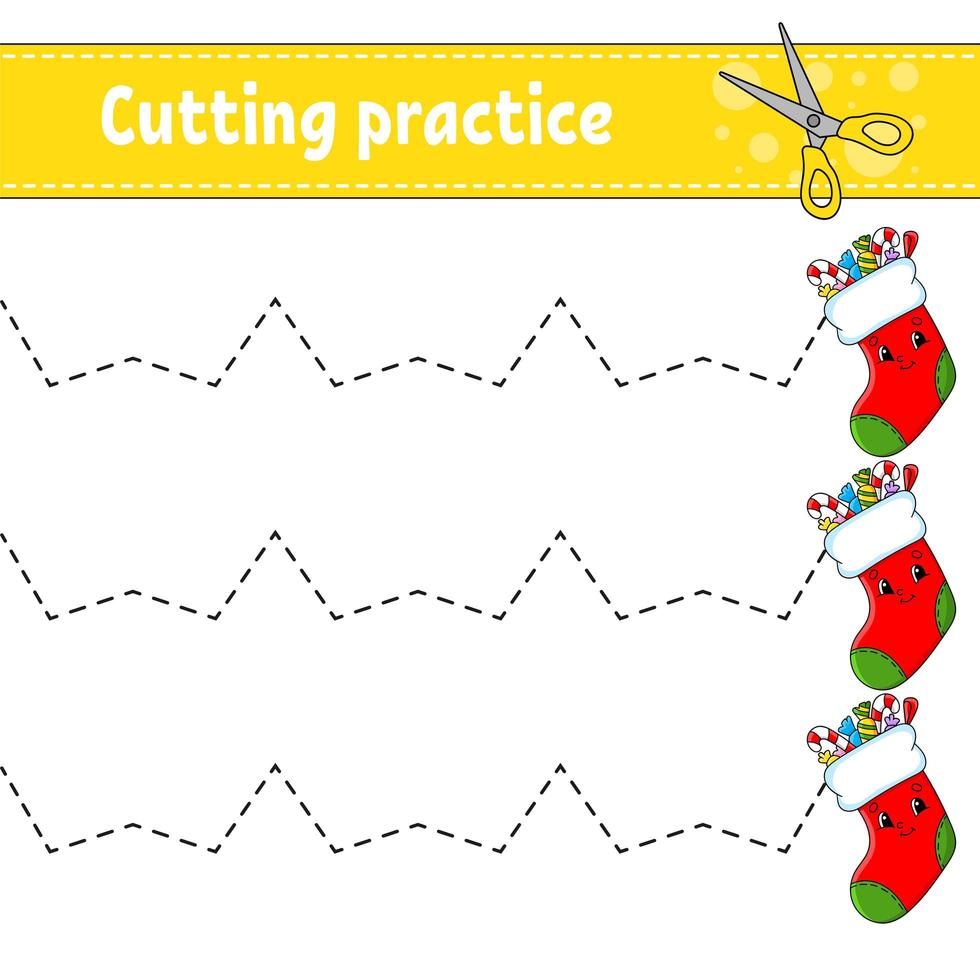Schnittübungen für Kinder. Arbeitsblatt zur Bildungsentwicklung. Aktivitätsseite. Farbspiel für Kinder. isolierte Vektor-Illustration. Zeichentrickfigur. vektor