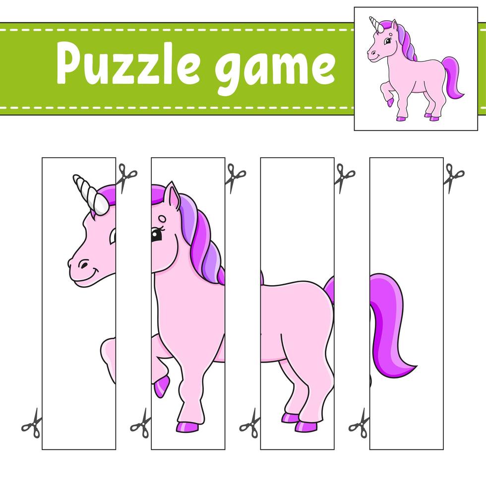 Puzzle-Spiel für Kinder. schneiden praxis. Arbeitsblatt zur Bildungsentwicklung. Aktivität Seite. Zeichentrickfigur. vektor