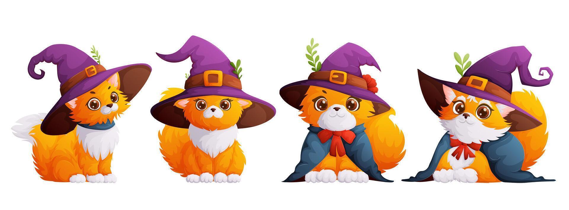ein einstellen von vier glücklich und süß Katzen mit ein lila Hexe Hut auf ihr Kopf. Halloween Thema, Kätzchen im ein Zauberer Hut und Mantel. Karikatur Stil, Vektor. vektor