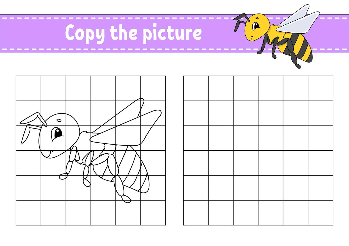 Gestreifte Biene.. Kopieren Sie das Bild. Malbuchseiten für Kinder. Arbeitsblatt zur Bildungsentwicklung. Spiel für Kinder. Handschrift üben. lustiger Charakter. niedliche Cartoon-Vektor-Illustration. vektor