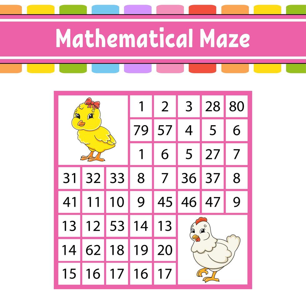 mathematisches Labyrinth. Spiel für Kinder. Zahlen Labyrinth. Arbeitsblatt zur Bildungsentwicklung. Aktivitätsseite. Puzzle für Kinder. Zeichentrickfiguren. Thema Ostern. Farbvektorillustration vektor