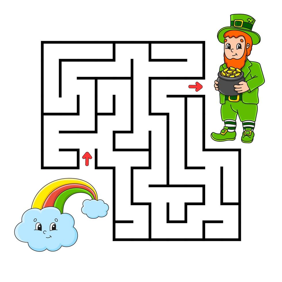 kvadratisk labyrint. spel för barn. leprechaun och regnbåge. pussel för barn. labyrint gåta. färg vektor illustration. isolerad vektor illustration. tecknad figur.