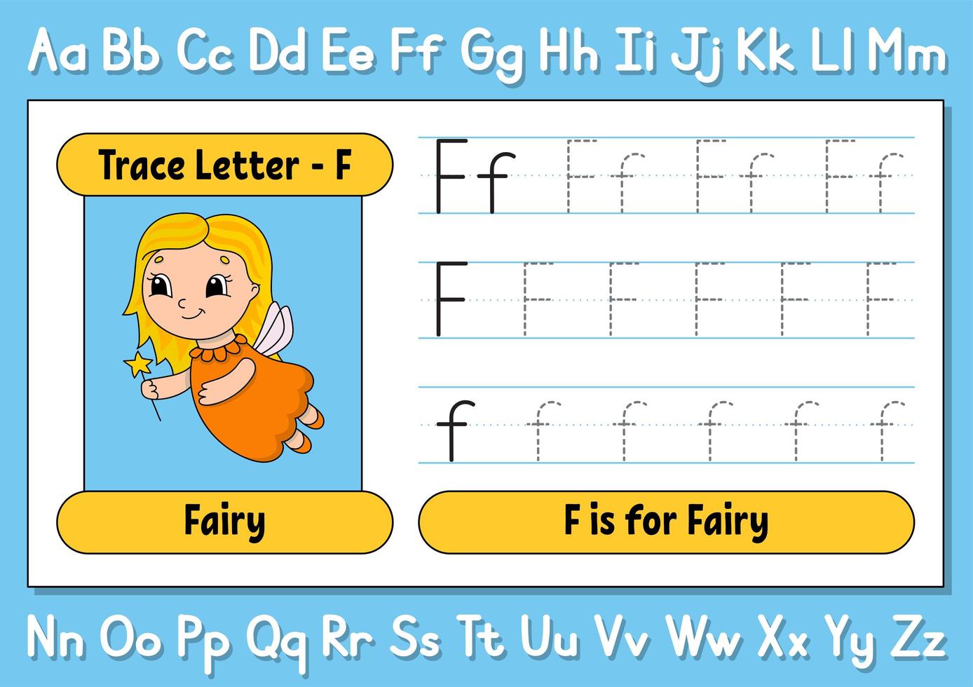 spåra bokstäver. skrivövning. kalkylblad för barn. lära sig alfabetet. söt karaktär. vektor illustration. tecknad stil.