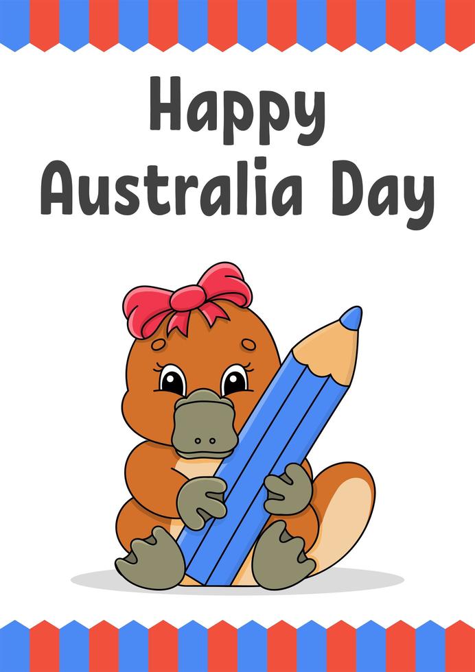 hälsning färg rektangel kort. glad australiens dag. söt tecknad platypus håller en penna i tassarna. 26 januari. rolig karaktär. vektor illustration på en färgad bakgrund.