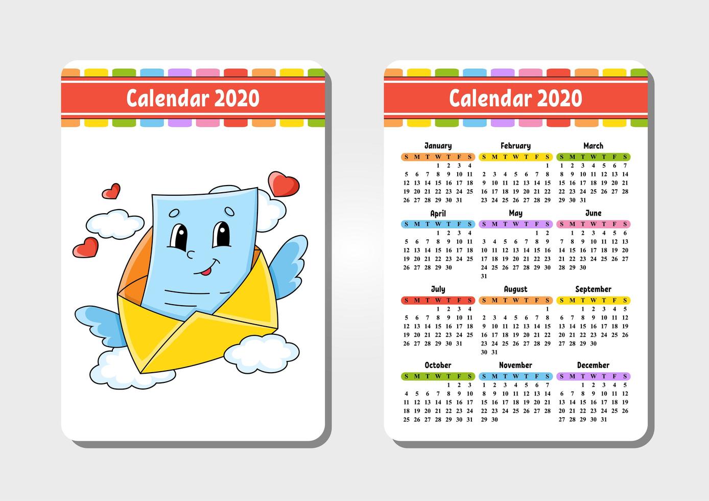 kalender för 2020 med en söt karaktär. fickstorlek. rolig och ljus design. isolerad vektor illustration. tecknad stil.