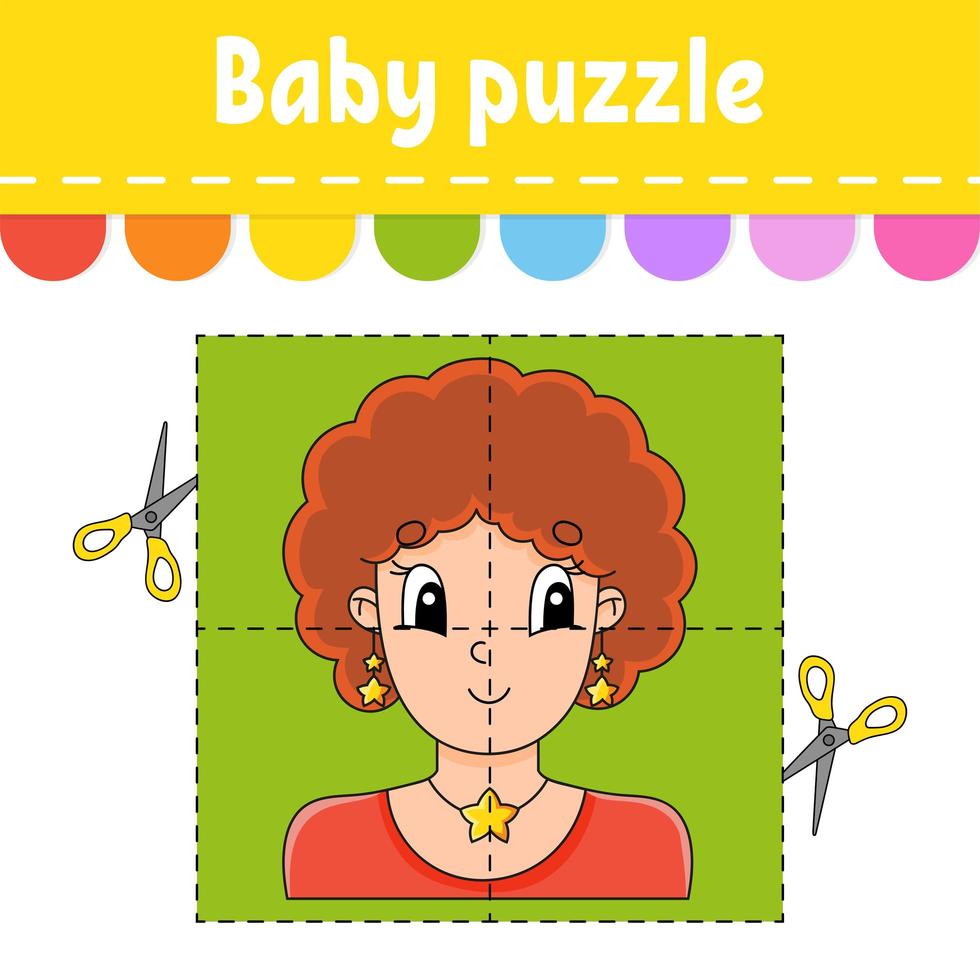 Baby-Puzzle. leichtes Niveau. Flash-Karten. schneiden und spielen. angenehme schöne Frau. Arbeitsblatt zur Farbaktivität. Spiel für Kinder. Zeichentrickfigur. vektor