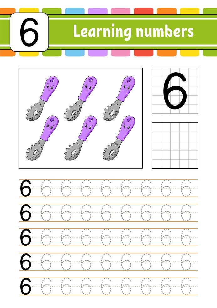 nummer 6. spåra och skriva. övning i handstil. lära sig siffror för barn. utbildningsutvecklande arbetsblad. aktivitetssida. isolerade vektorillustration i söt tecknad stil. vektor