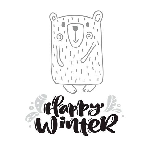 Lycklig vinter kalligrafi bokstäver text. Xmas skandinavisk gratulationskort. Handritad vektor illustration av en söt rolig vinterbjörn. Isolerade föremål