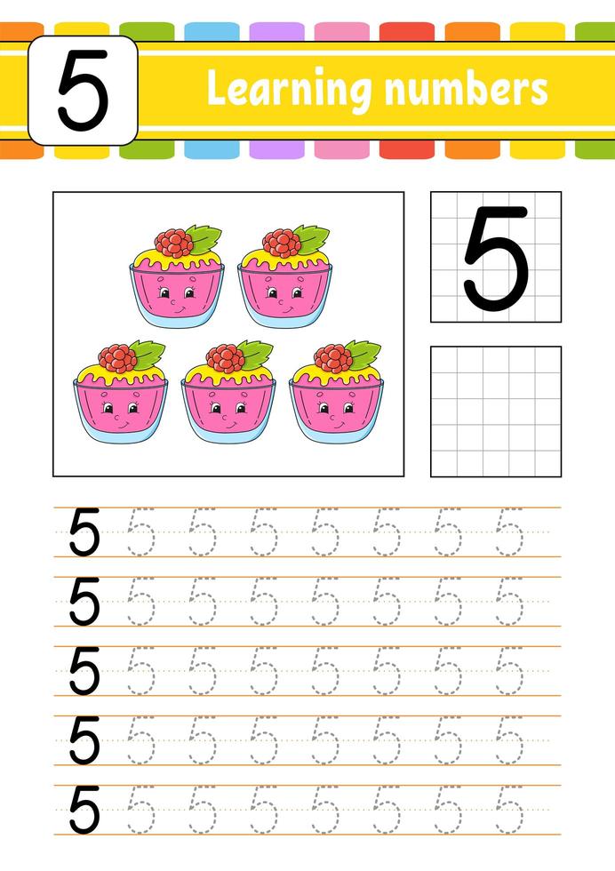 nummer 5. spåra och skriv. övning i handstil. lära sig siffror för barn. utbildningsutvecklande arbetsblad. aktivitetssida. isolerade vektorillustration i söt tecknad stil. vektor