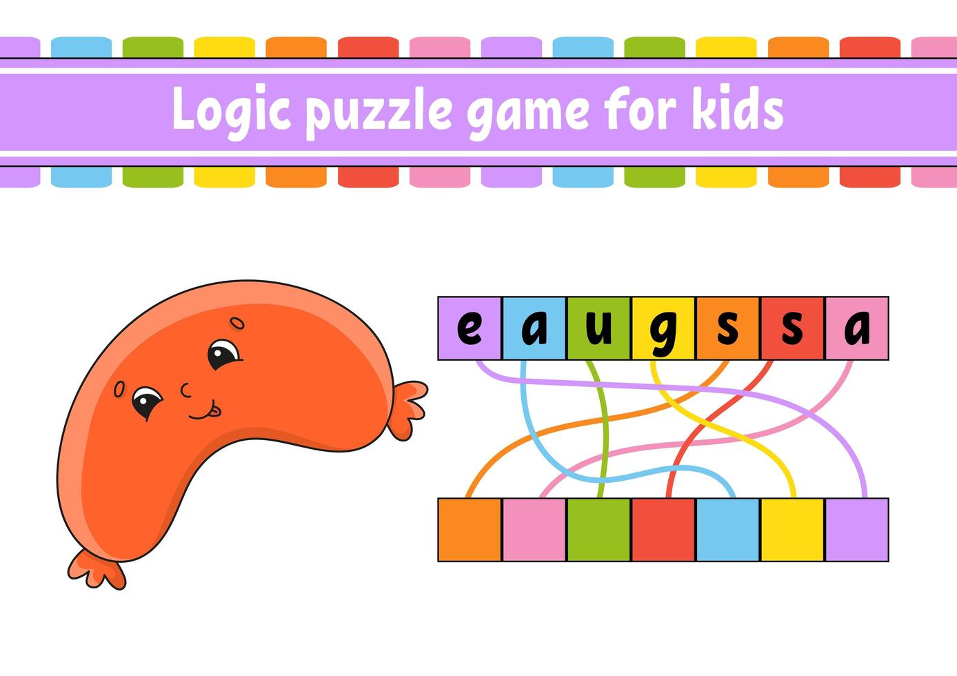 Logik-Puzzle-Spiel. Wörter lernen für Kinder. finde den versteckten Namen. Arbeitsblatt, Aktivitätsseite. englisches Spiel. isolierte Vektor-Illustration. Zeichentrickfigur. vektor