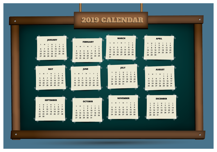 2019 Druckbarer Kalender auf einer Tafel vektor