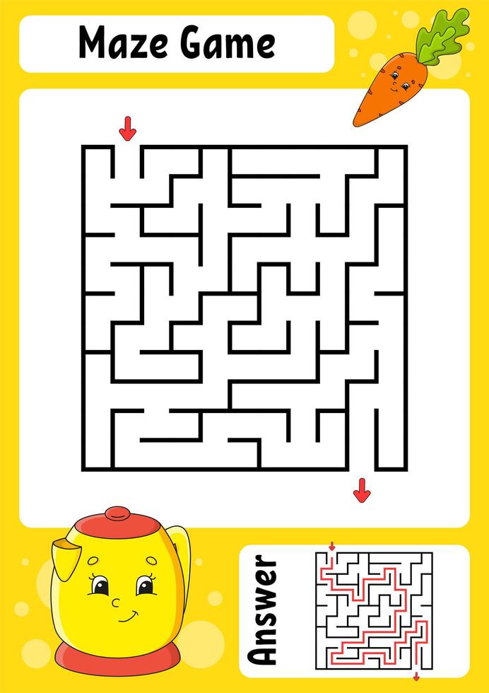 quadratisches Labyrinth. Spiel für Kinder. lustiges Labyrinth. Arbeitsblatt zur Entwicklung von Bildung. Aktivitätsseite. Puzzle für Kinder. Cartoon-Stil. Rätsel für die Vorschule. logisches Rätsel. Farbvektorillustration. vektor