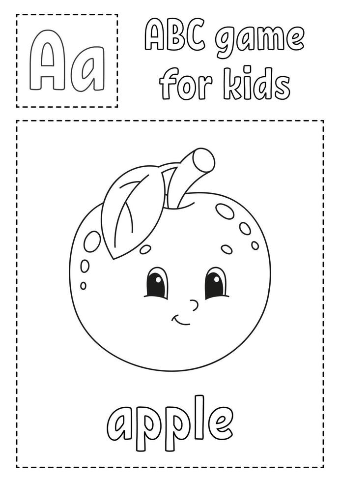Buchstabe a steht für Apfel. ABC-Spiel für Kinder. Alphabet-Malvorlagen. Zeichentrickfigur. Wort und Buchstabe. Vektor-Illustration. vektor