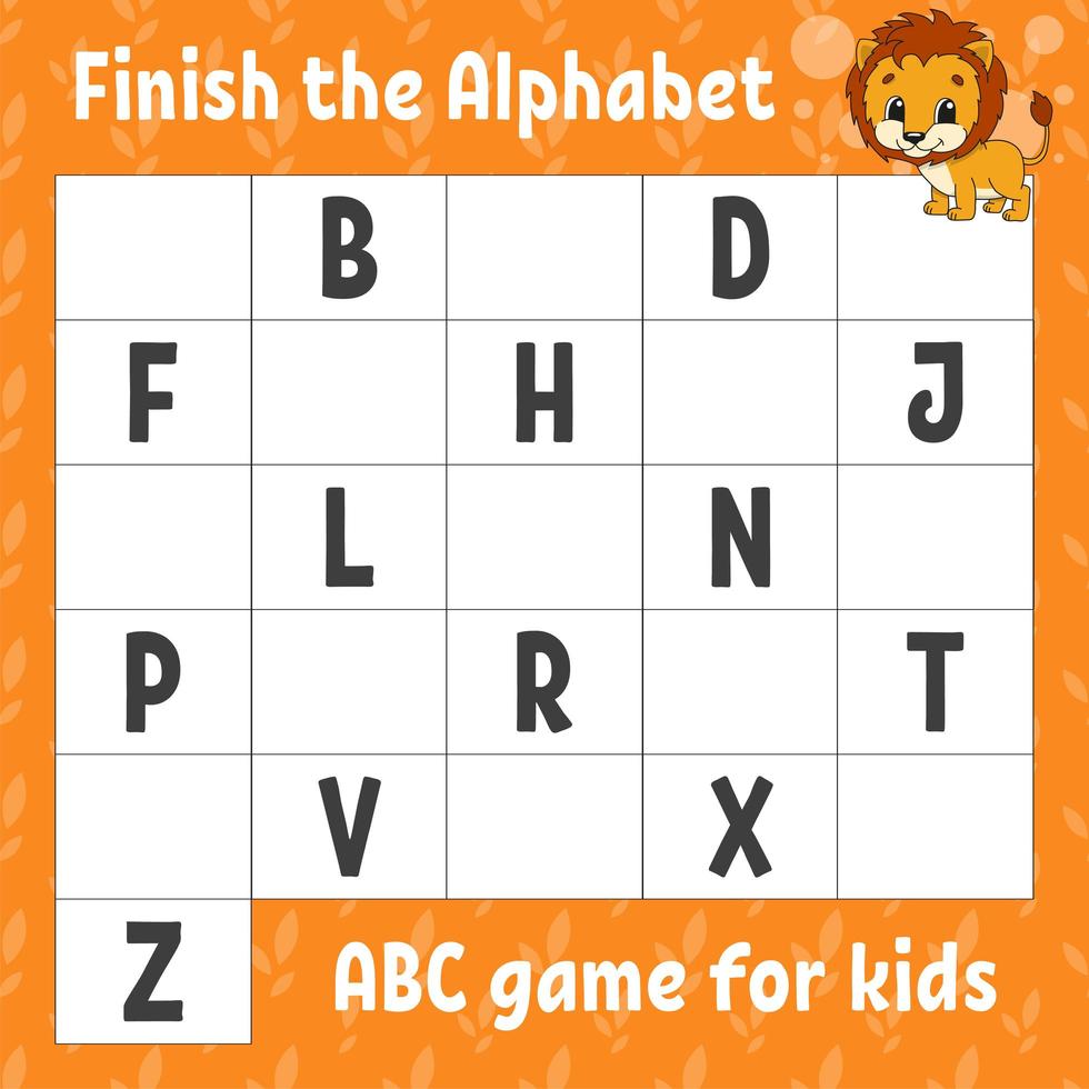 beende das Alphabet. ABC-Spiel für Kinder. Arbeitsblatt zur Bildungsentwicklung. oranger Löwe. Lernspiel für Kinder. Farbaktivitätsseite. vektor