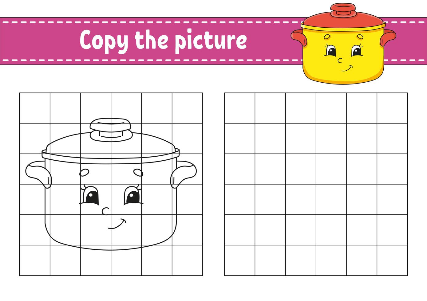 kopiere das Bild. Schmortopf. Malbuchseiten für Kinder. Arbeitsblatt zur Bildungsentwicklung. Spiel für Kinder. Handschrift üben. Catoon-Charakter. vektor