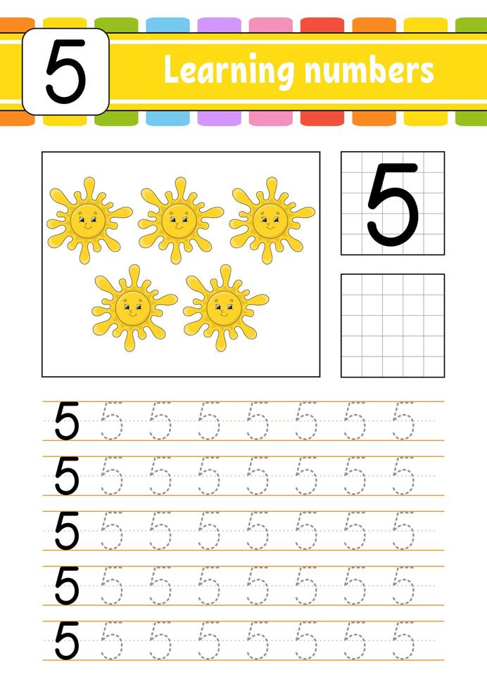 verfolgen und schreiben. Handschrift üben. Zahlen lernen für Kinder. Arbeitsblatt zur Bildungsentwicklung. Aktivitätsseite. Spiel für Kleinkinder und Vorschulkinder. isolierte Vektorillustration im niedlichen Cartoon-Stil. vektor