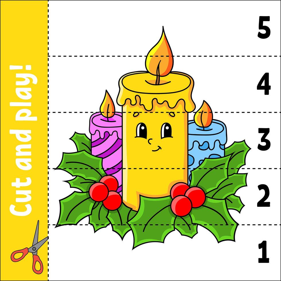 Zahlen 1-5 lernen. schneiden und spielen. Weihnachtskerzen. Arbeitsblatt Bildung. Spiel für Kinder. Farbaktivitätsseite. Puzzle für Kinder. Rätsel für die Vorschule. Vektor-Illustration. Cartoon-Stil. vektor