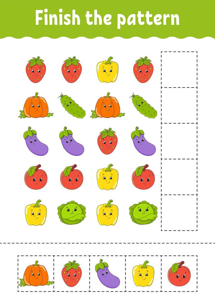 avsluta mönstret. klippa och spela. frukt och grönsaker. utbildningsutvecklande arbetsblad. aktivitetssida.seriefigur. vektor