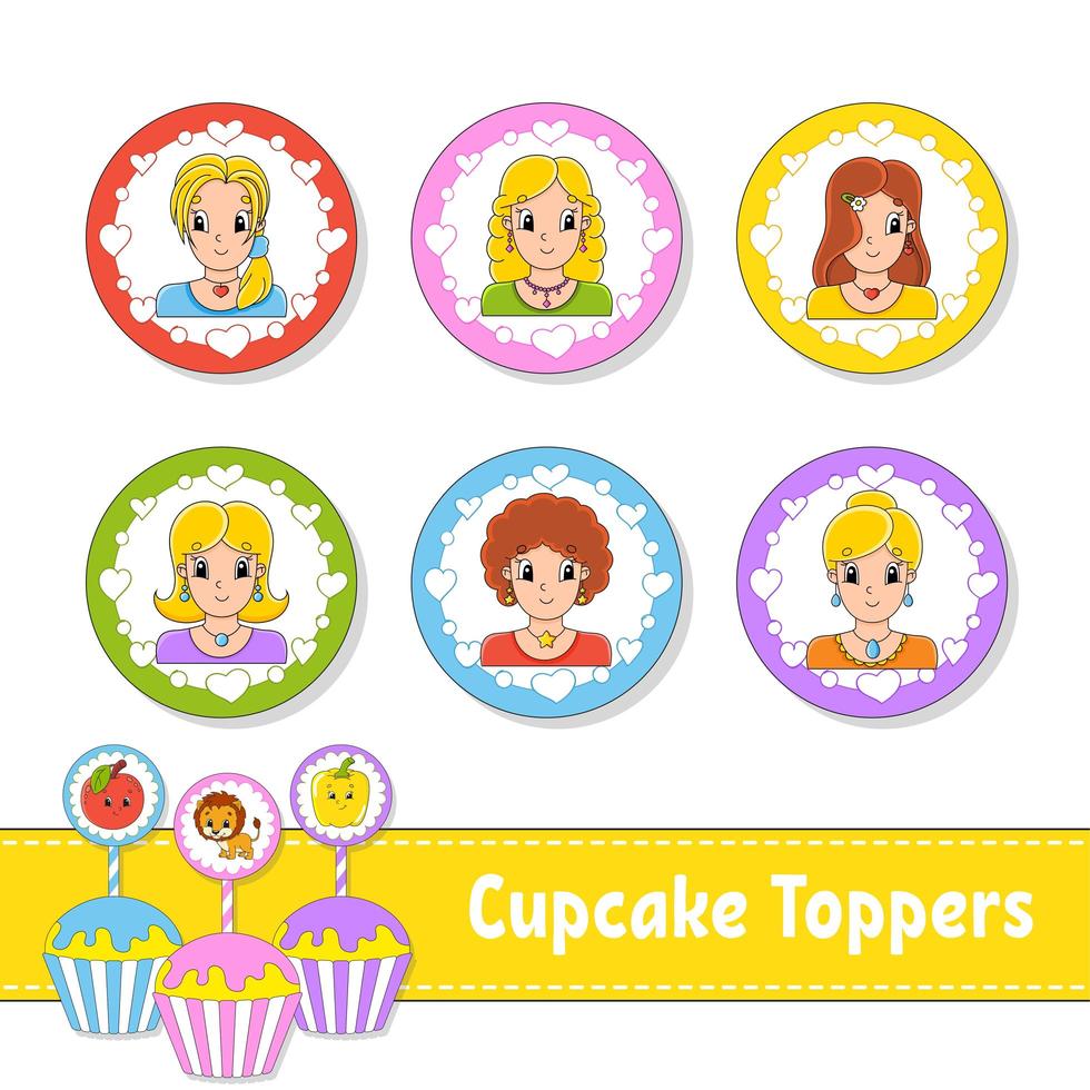 cupcake toppers. uppsättning av sex runda bilder. härliga leende tjejer. seriefigurer. söt bild. för födelsedag, fest, babyshower. vektor