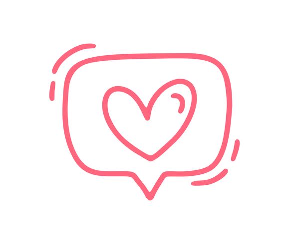 Vektor röd monoline söt textbubbla med hjärta. Valentinsdag Hand Drawn ikon. Holiday sketch doodle Designelement valentin. kärleksdekoration för webben, bröllop och tryck. Isolerad illustration