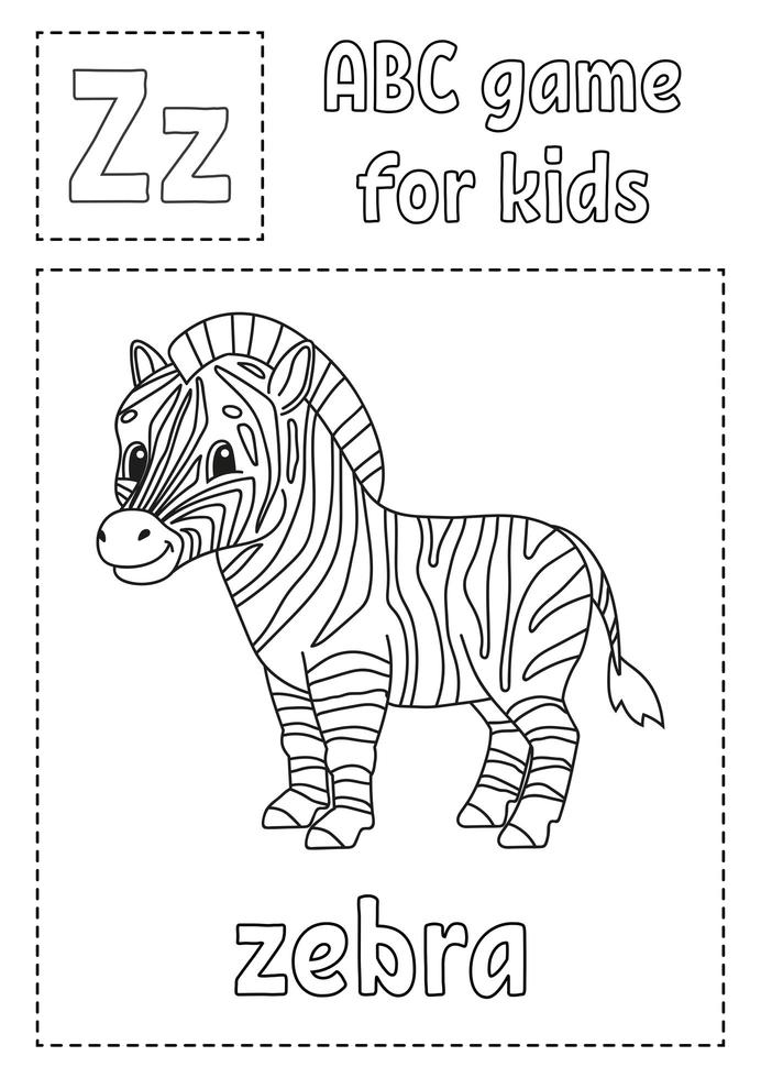 bokstaven z är för zebra. abc-spel för barn. alfabetet målarbok. tecknad figur. ord och bokstav. vektor illustration.