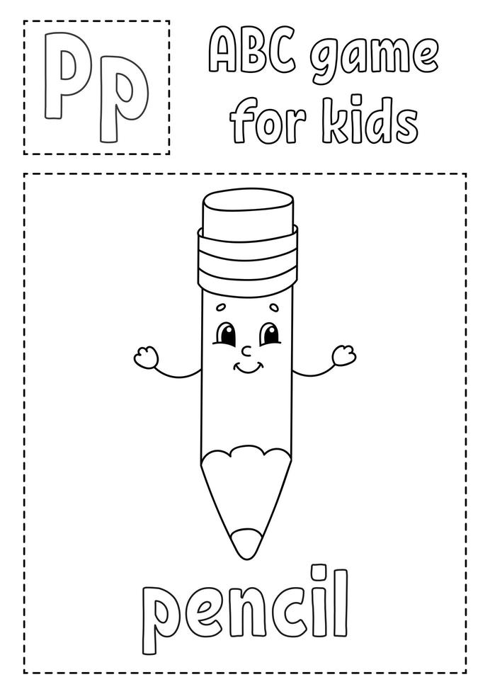 ABC-Spiel für Kinder. Alphabet-Malvorlagen. Zeichentrickfigur. Wort und Buchstabe. Vektor-Illustration. vektor