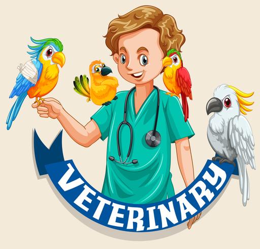 Veterinärskylt med husdjur fåglar och veterinär vektor