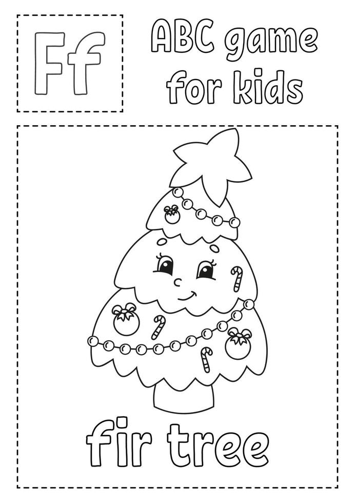 Buchstabe f steht für Tannenbaum. ABC-Spiel für Kinder. Alphabet-Malvorlagen. Zeichentrickfigur. Wort und Buchstabe. Vektor-Illustration. vektor