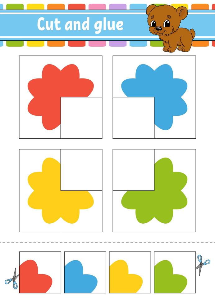klipp och klistra. fyra flashkort. färgpussel. utbildning som utvecklar arbetsblad. aktivitetssida. spel för barn. rolig karaktär. isolerad vektor illustration. tecknad stil.