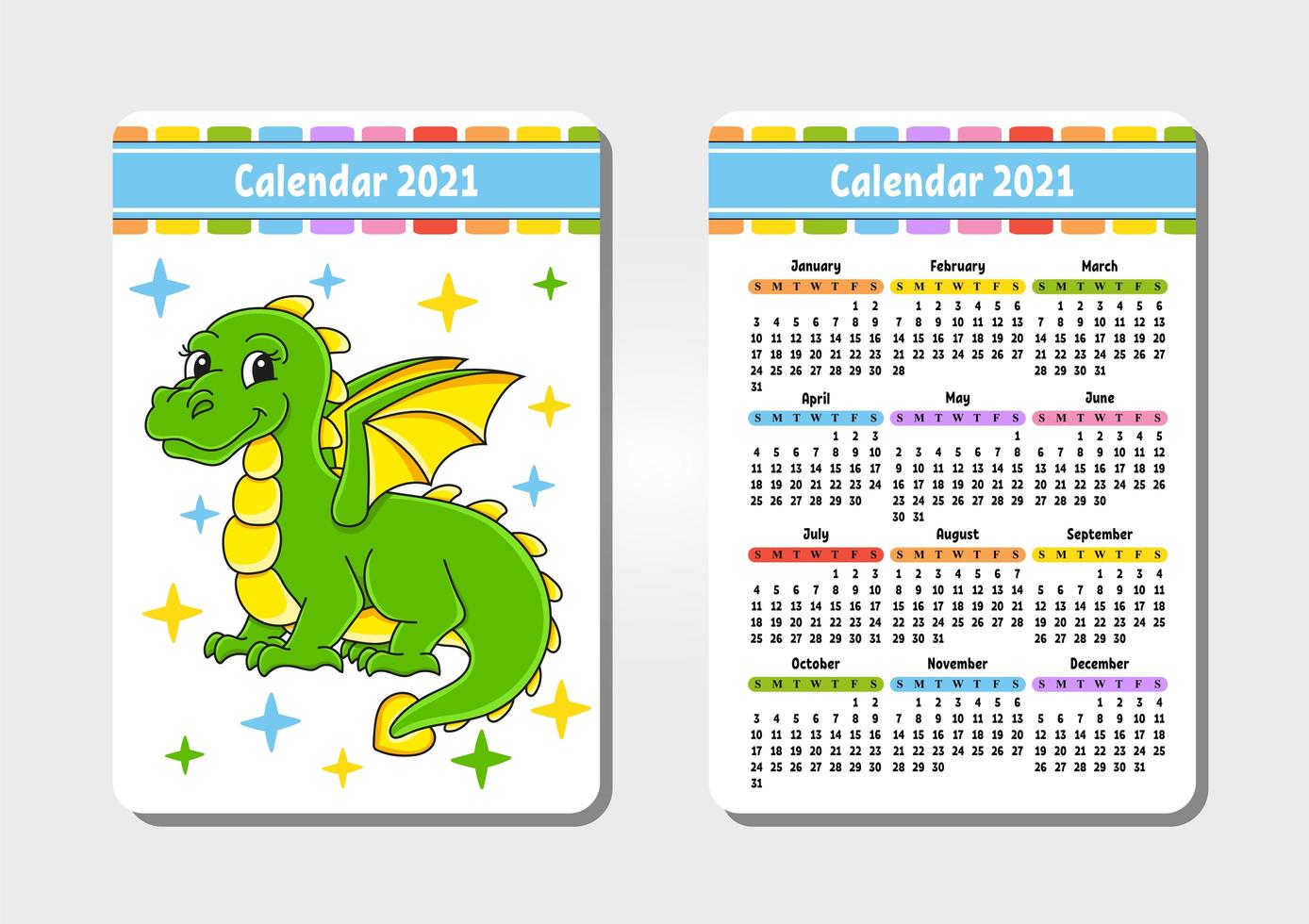 kalender för 2021 med en söt karaktär. saga drake. fickstorlek. rolig och ljus design. färg isolerade vektorillustration. tecknad stil. vektor