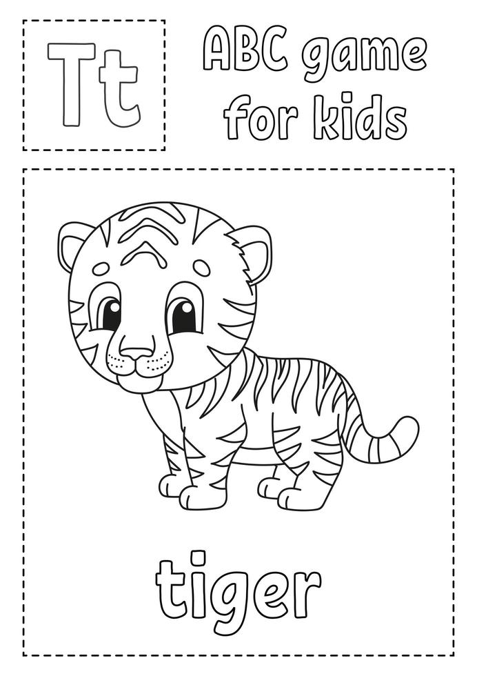 bokstaven t är för tiger. abc-spel för barn. alfabetet målarbok. tecknad figur. ord och bokstav. vektor illustration.