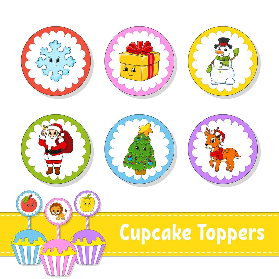cupcake toppers. uppsättning av sex runda bilder. jultema. seriefigurer. söt bild. för födelsedag, fest, babyshower. vektor