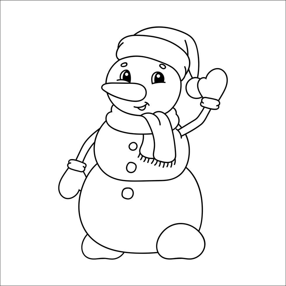 Malbuch für Kinder. Weihnachtsschneemann mit Hut und Schal winken. Zeichentrickfigur. Vektor-Illustration. schwarze Kontursilhouette. isoliert auf weißem Hintergrund. vektor