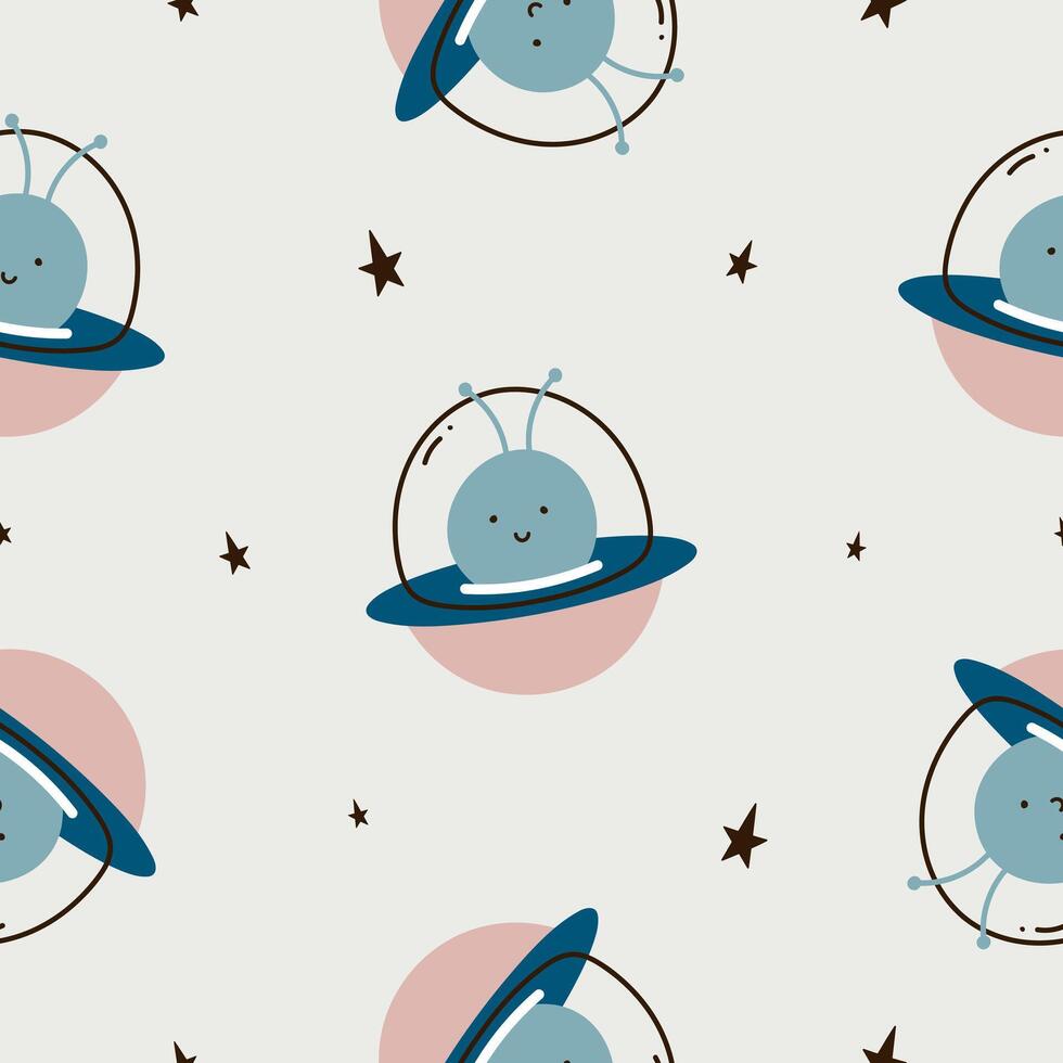 sömlös barnslig kosmisk mönster med utomjording i flygande fat. platt vektor illustration av kosmos bakgrund. kreativ barn textur för tyg, omslag, textil, tapet, kläder.