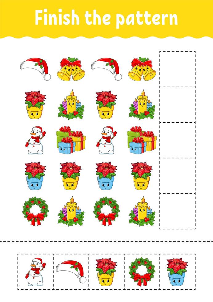 beenden Sie das Muster. schneiden und spielen. Weihnachtsthema. Arbeitsblatt zur Bildungsentwicklung. Aktivitätsseite. Zeichentrickfigur. vektor