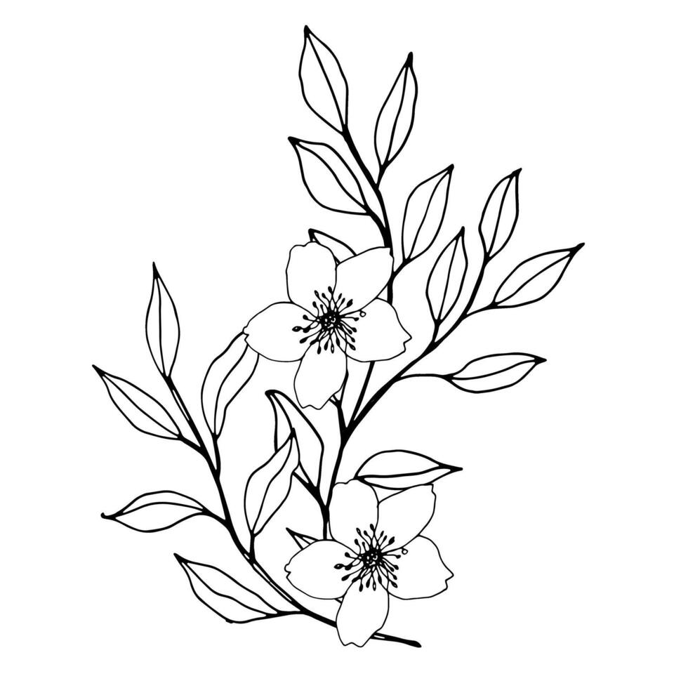 vektor sammansättning med blomma, löv och gren. elegant konst för dekoration. bläck hand teckning svartvit botanisk illustration för bakgrunder. mall för bröllop kort, polygraf, logotyp, tatuering.