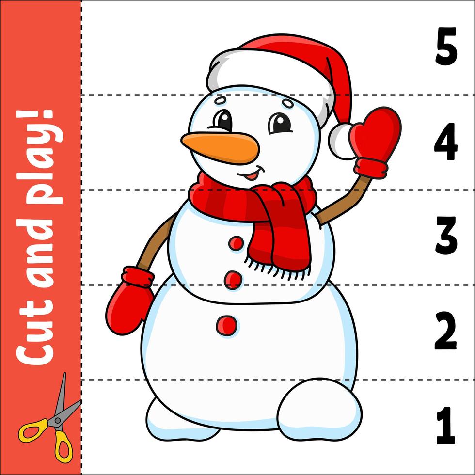 Zahlen 1-5 lernen. schneiden und spielen. süßer Schneemann. Arbeitsblatt Bildung. Spiel für Kinder. Farbaktivitätsseite. Puzzle für Kinder. Rätsel für die Vorschule. Vektor-Illustration. Cartoon-Stil. vektor