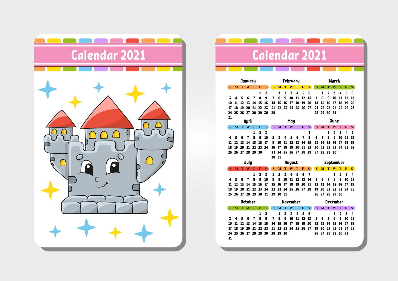kalender för 2021 med en söt karaktär. kungligt slott. fickstorlek. rolig och ljus design. färg isolerade vektorillustration. tecknad stil. vektor