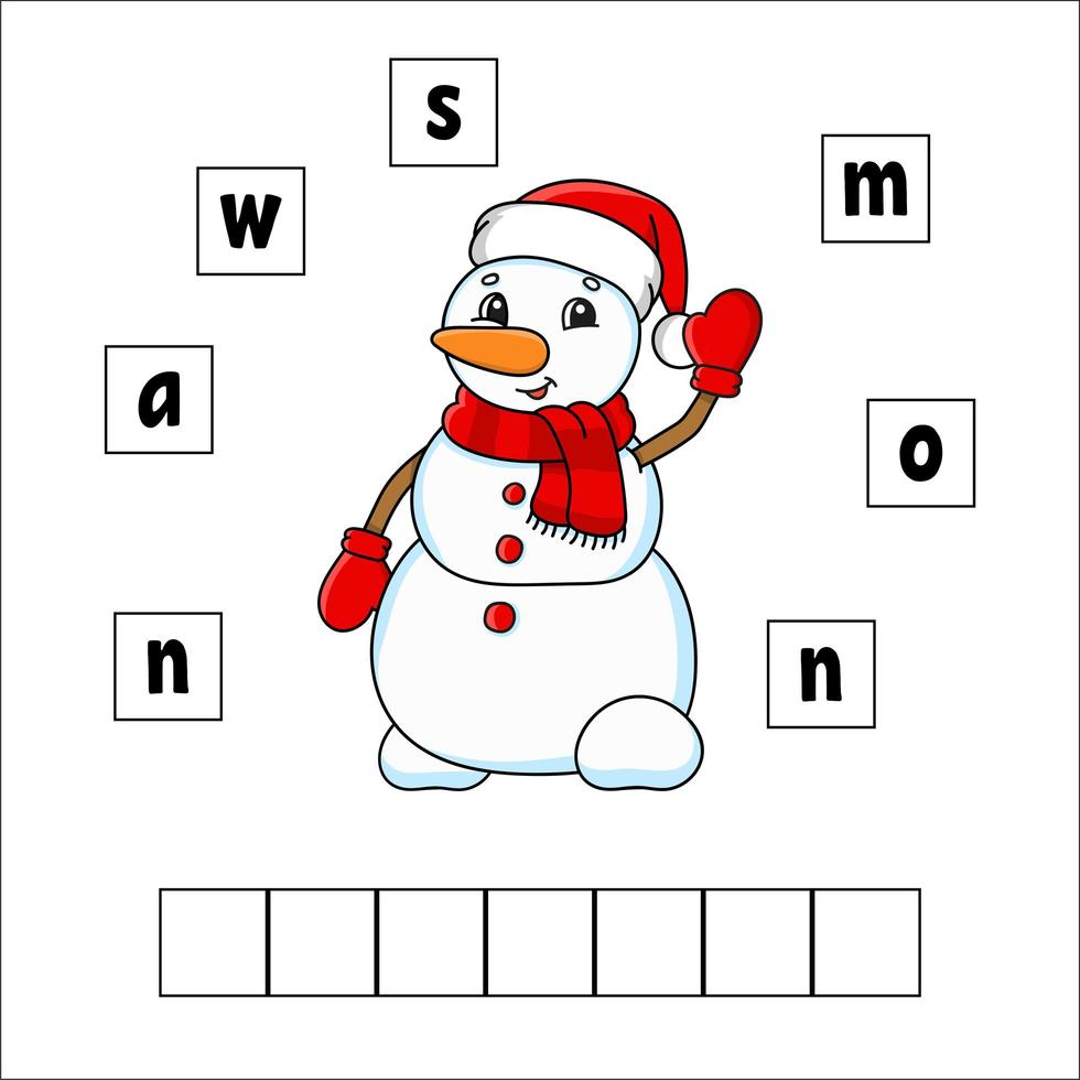 Wörter Rätsel. Schneemann. Arbeitsblatt zur Bildungsentwicklung. Lernspiel für Kinder. Aktivitätsseite. Puzzle für Kinder. Rätsel für die Vorschule. Vektor-Illustration im niedlichen Cartoon-Stil. vektor