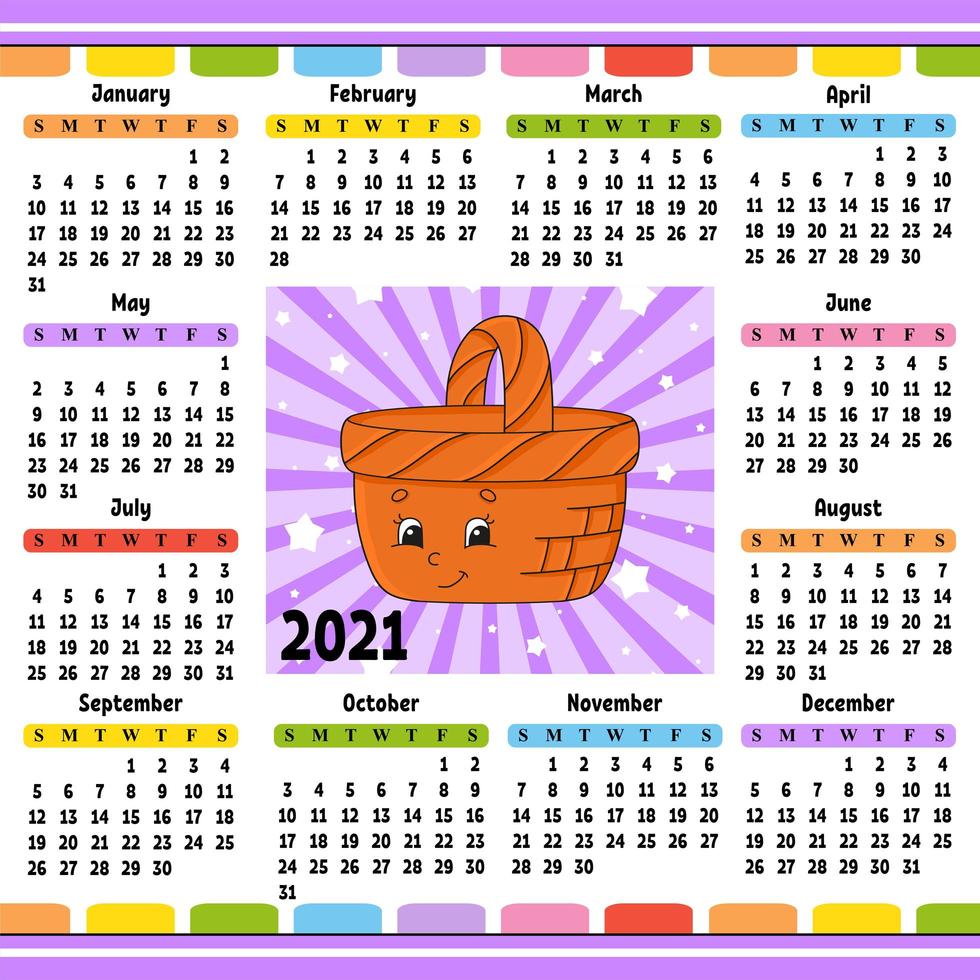 Kalender für 2020 mit einem süßen Charakter. Spaß und helles Design. isolierte Farbvektorillustration. Cartoon-Stil. vektor